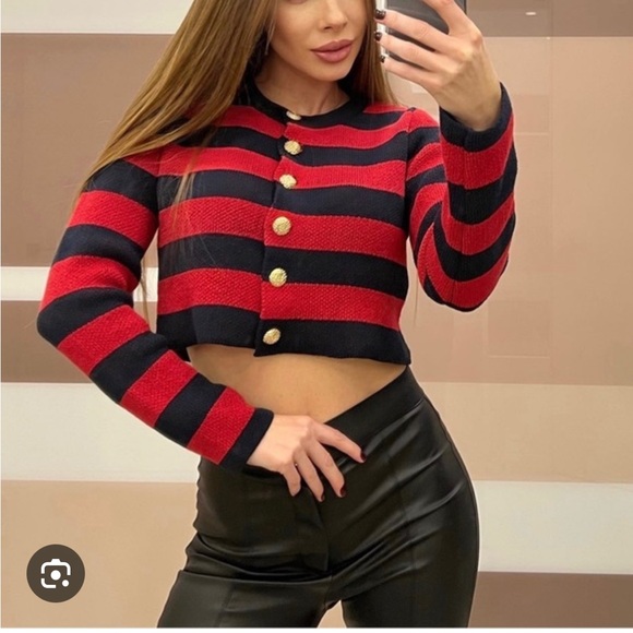 ZARA NWT STRIPED KNIT CARDIGAN RED / NAVY - Picture 6 of 10